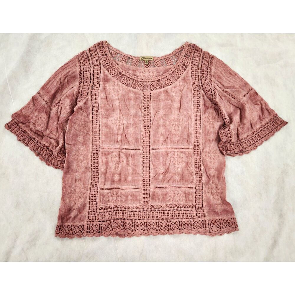 Democracy Womens Blouse M Pink Crochet Lace Boho Peasant Festival Top - Picture 10 of 10